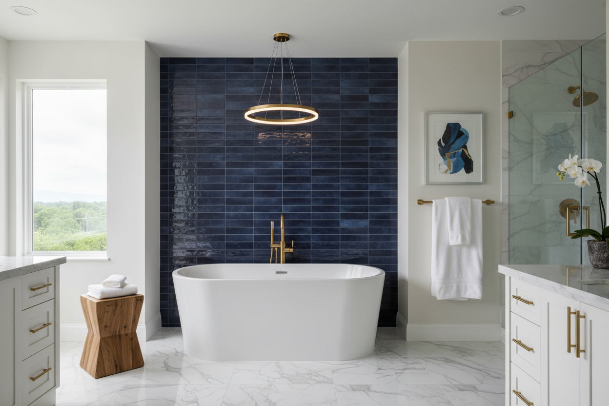 Luxury bathroom with navy blue tiles
